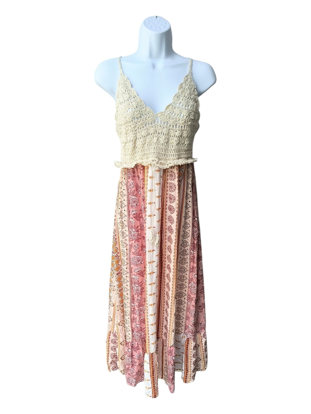 Rebellion Again Crochet Bodice Festival Boho Maxi Dress in Cream&Pink